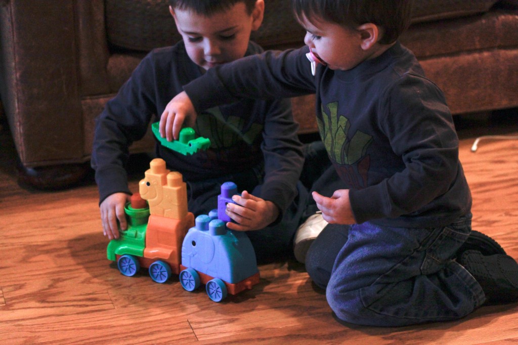 boys with mega bloks safari train