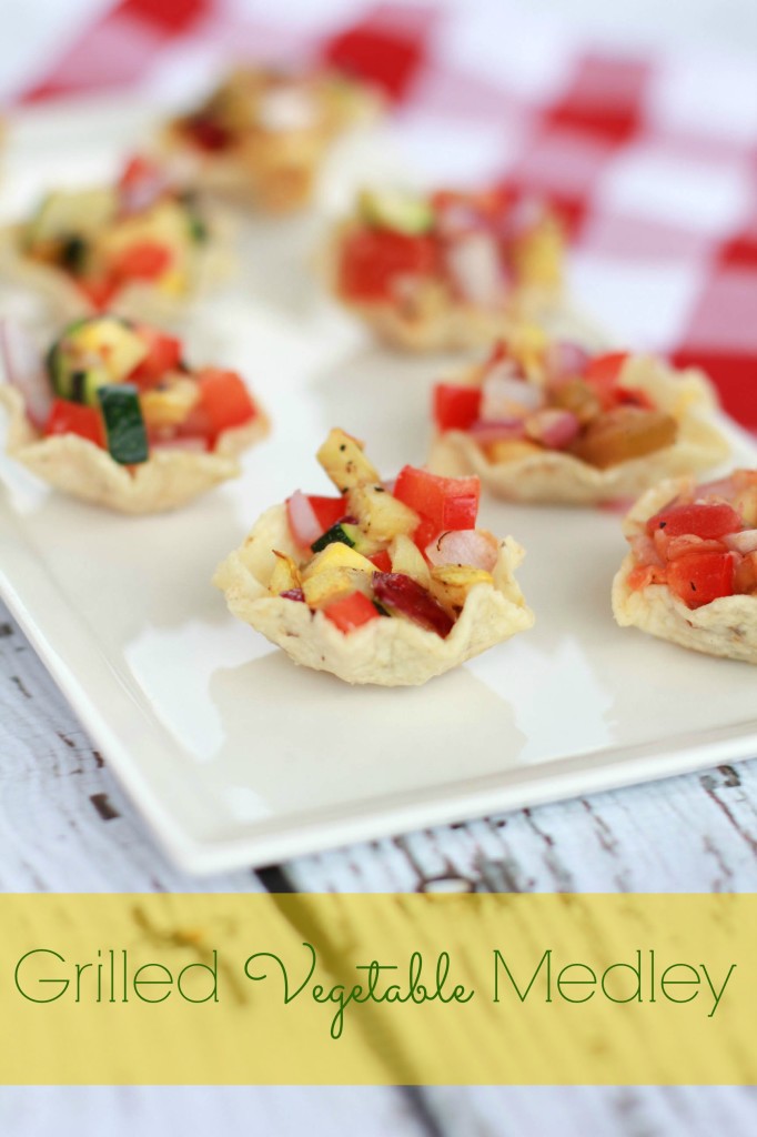 This Grilled Vegetable Medley features several colors of the rainbow and is perfect for cutting into small pieces and putting inside a Tostitos Scoops chip.