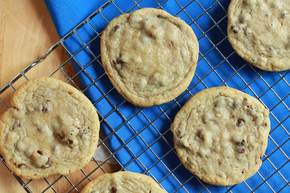 Chocolate Chip TWIX Cookies - a traditional chocolate chip cookie with pieces of Twix throughout. Chocolate Chip TWIX Cookies are perfect for sharing!