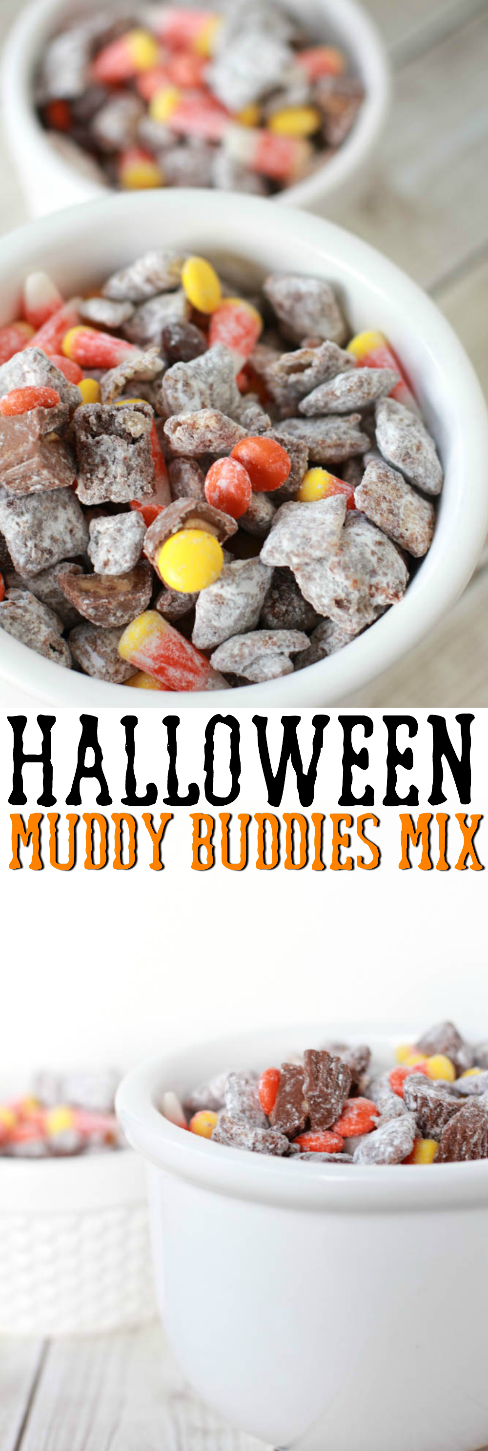 This Halloween Muddy Buddies Mix is a fun and festive halloween treat with candy corn, Chex cereal, and peanut butter cups - YUM!