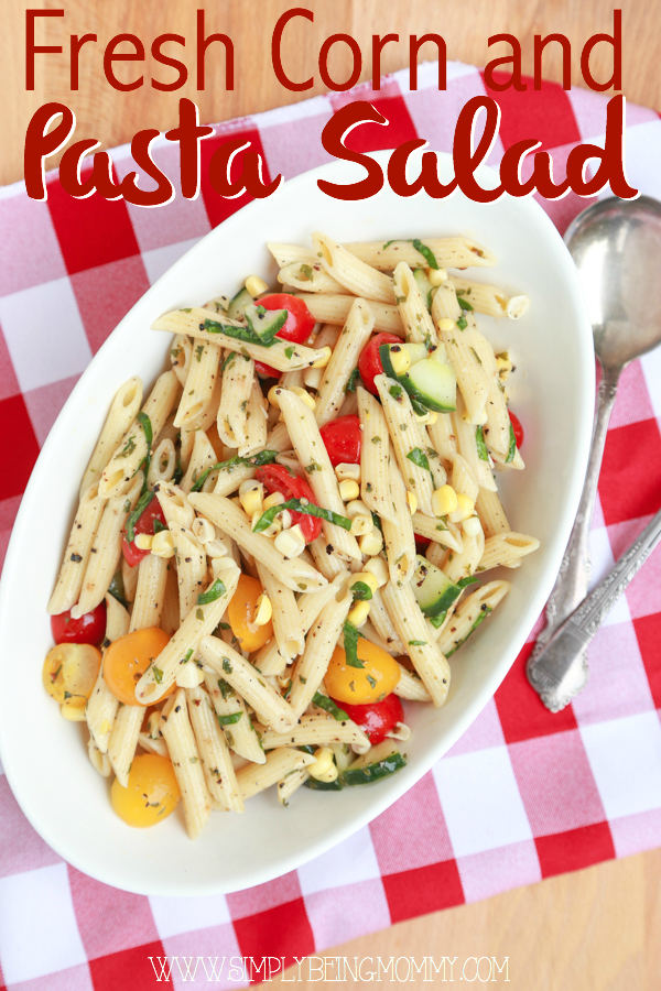 Enjoy the tastes and colors of summer with this Fresh Corn and Pasta Salad recipe. For this recipe and more go to simplybeingmommy.com.