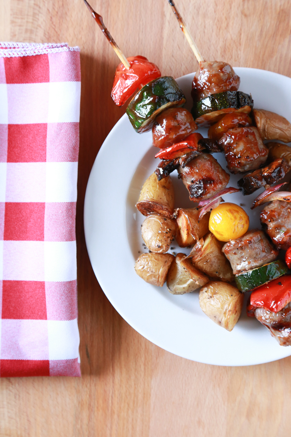 Surprise the man in your life with Bratfest in Bed. These Grilled Bratwurst Kabobs served on a tray with the television remote is a recipe for success!