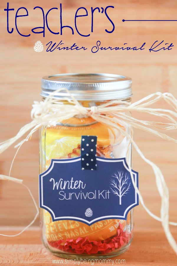 Surprise your child's teacher with a Teacher's Winter Survival Kit. Using products from your local pharmacy, make a cute gift using a mason jar.