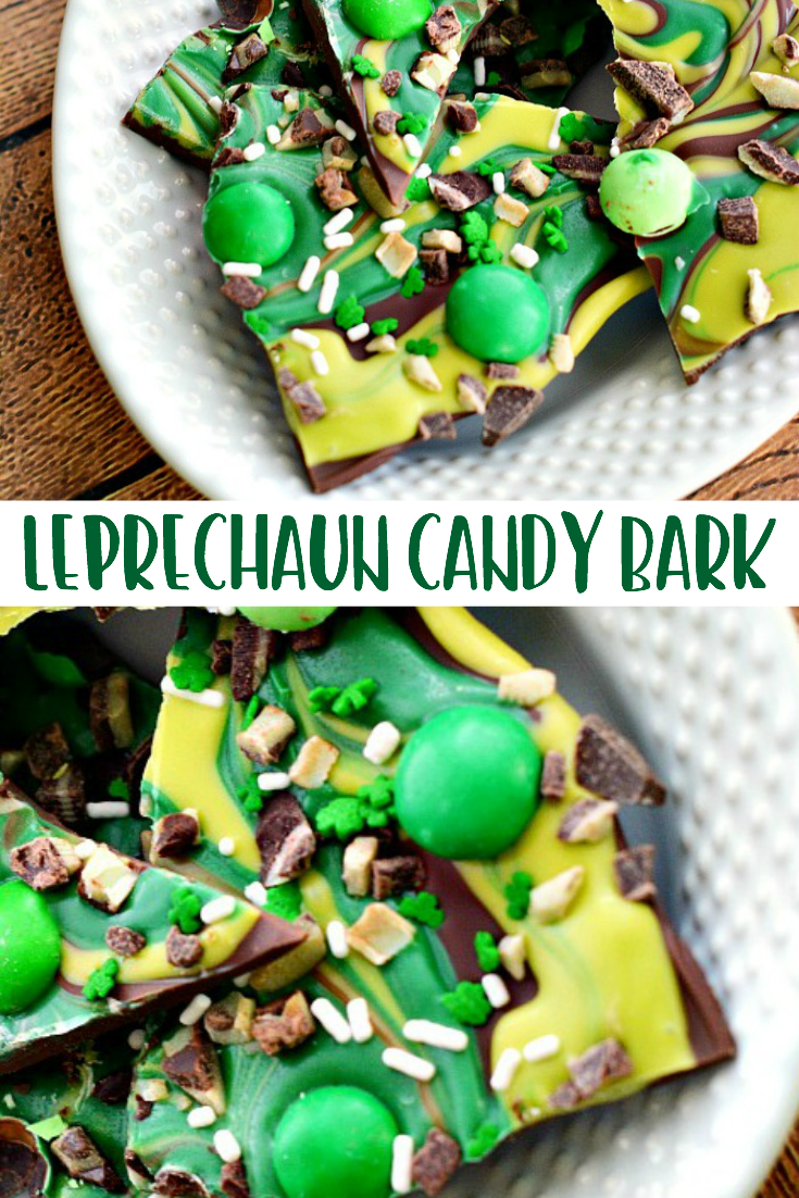 melted chocolate and candy melts topped with shamrock sprinkles and M&M's