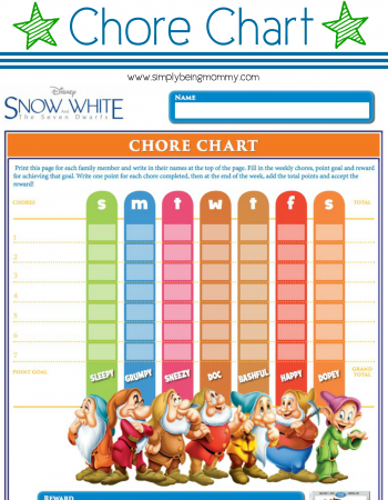 Do your kids need a little incentive to help with chores? Print this free Snow White Chore Chart and add your own incentives.