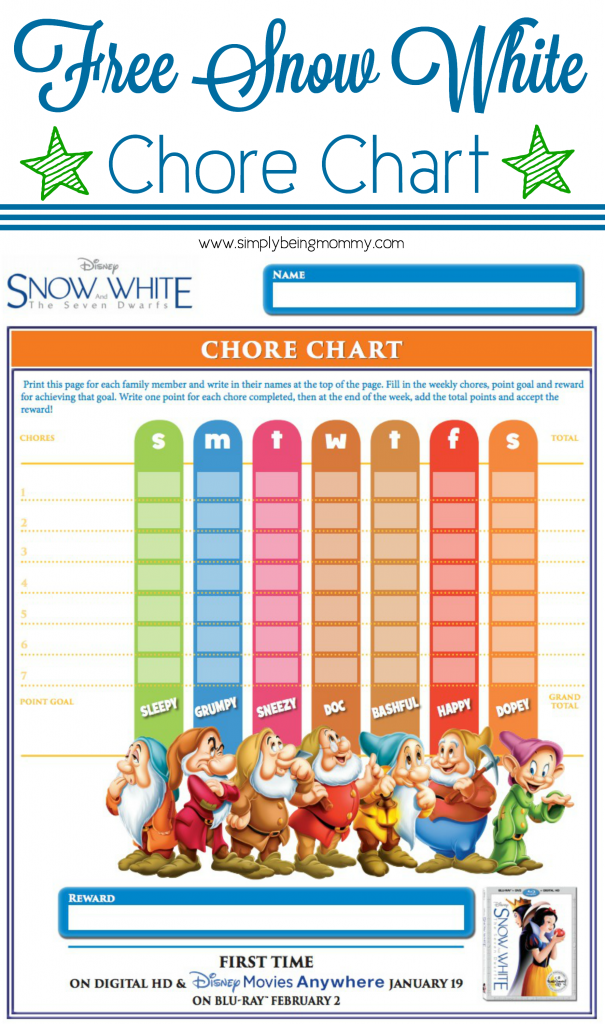 Do your kids need a little incentive to help with chores? Print this free Snow White Chore Chart and add your own incentives.