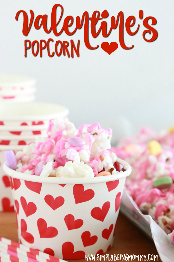 Valentine's Popcorn - an easy Valentine's treat with popcorn, conversation hearts, and M&M's.