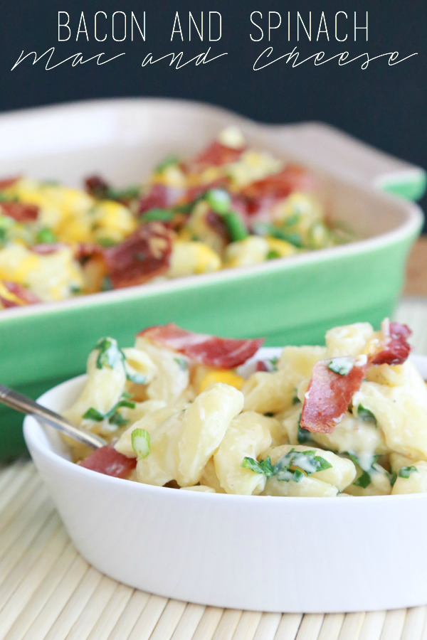 Bacon and Spinach Mac and Cheese. It's as delicious as it sounds. A filling mac and cheese recipe featuring fresh, chopped spinach and crispy bacon.