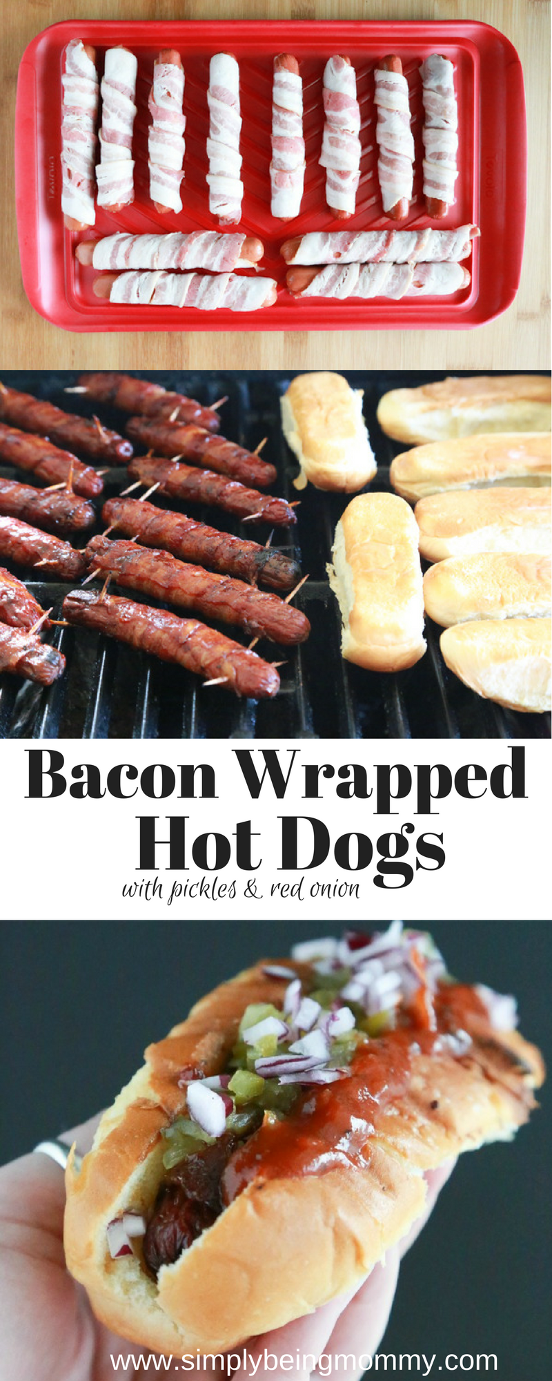 Get ready for your game day parties with these Bacon Wrapped Hot Dogs with pickles and red onion. This ain't your traditional dog recipe!