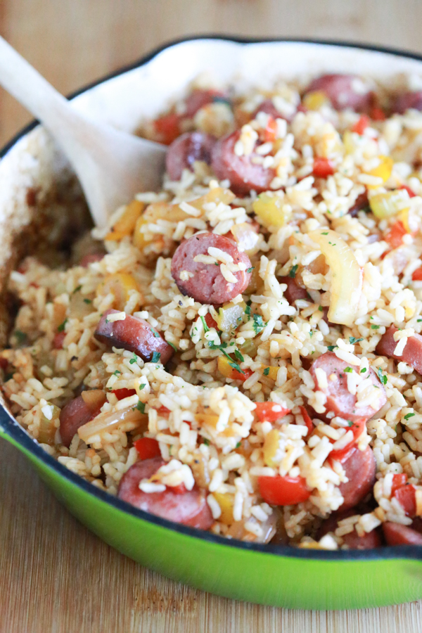 You can throw together this 25-minute sausage and rice quickly and easily. 