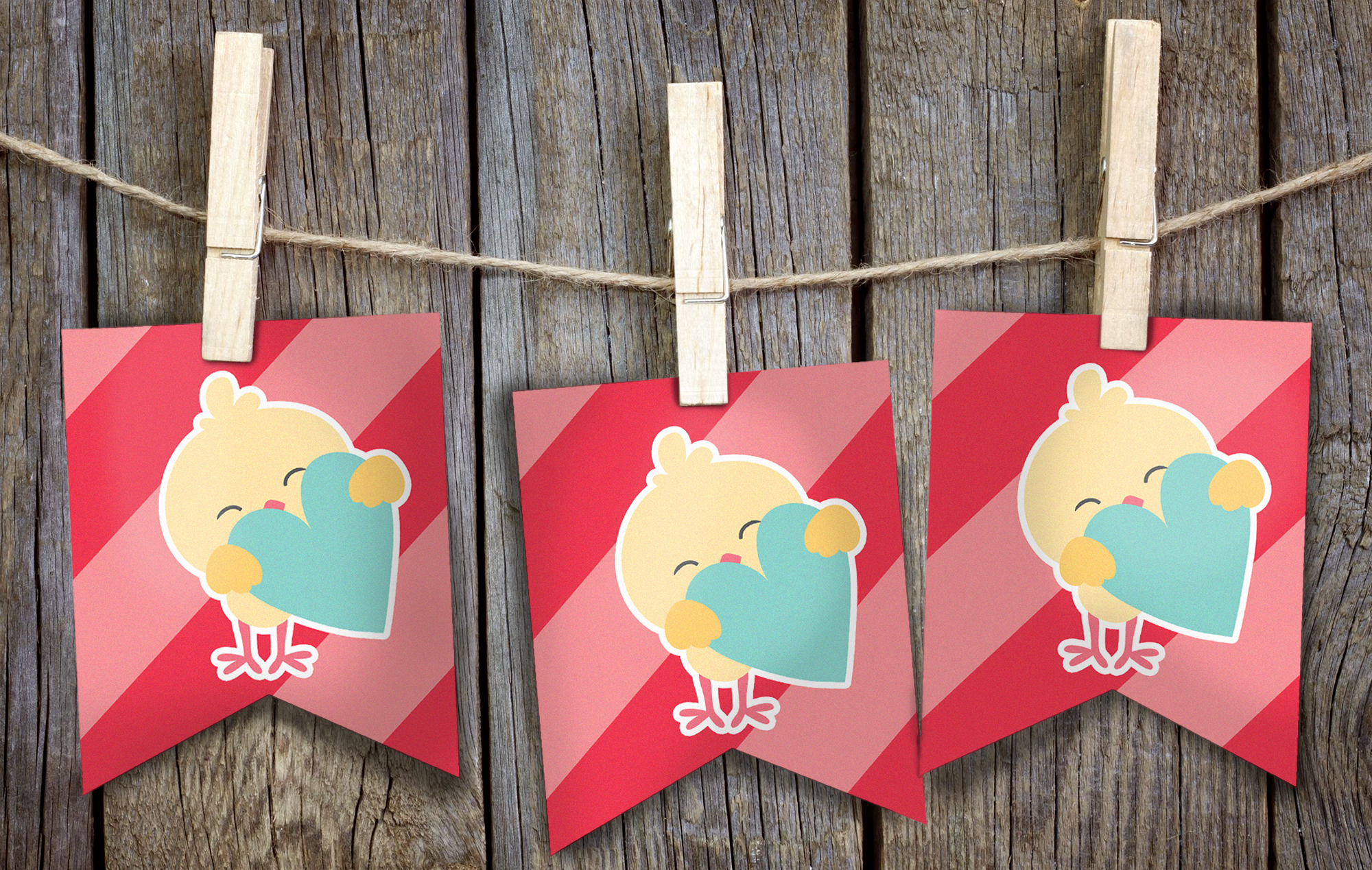 A cute Valentines Chick Banner on a rope with clothespins