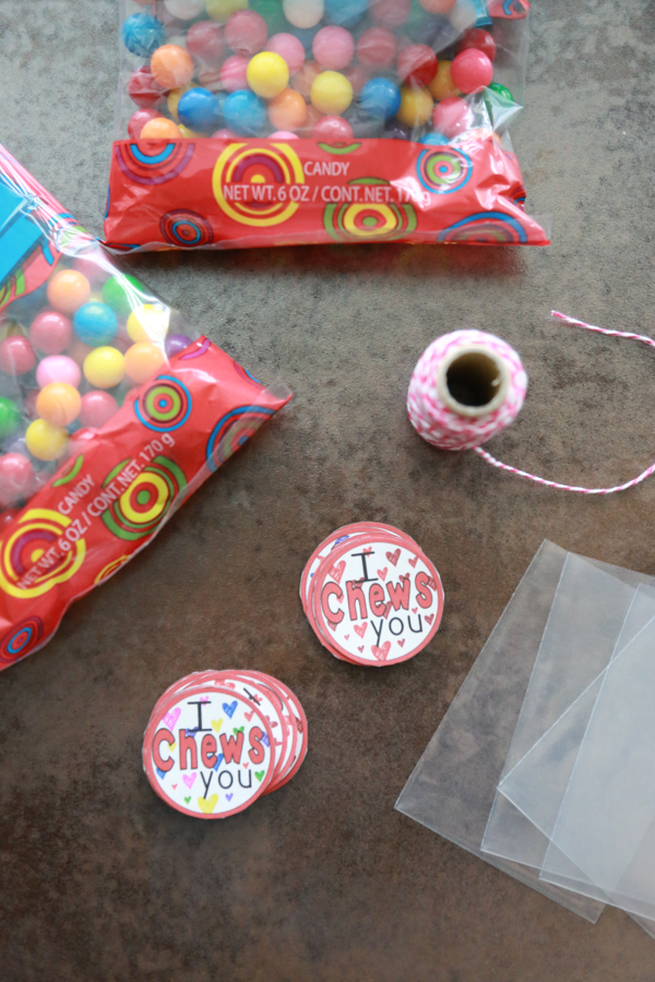 bags of gum balls with I Chews You circles cut out from the printable