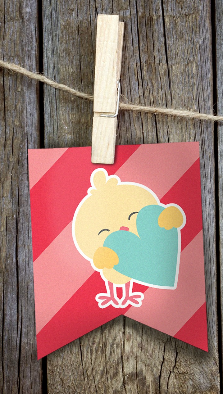 A cute Valentines Chick Banner on a rope with clothespins