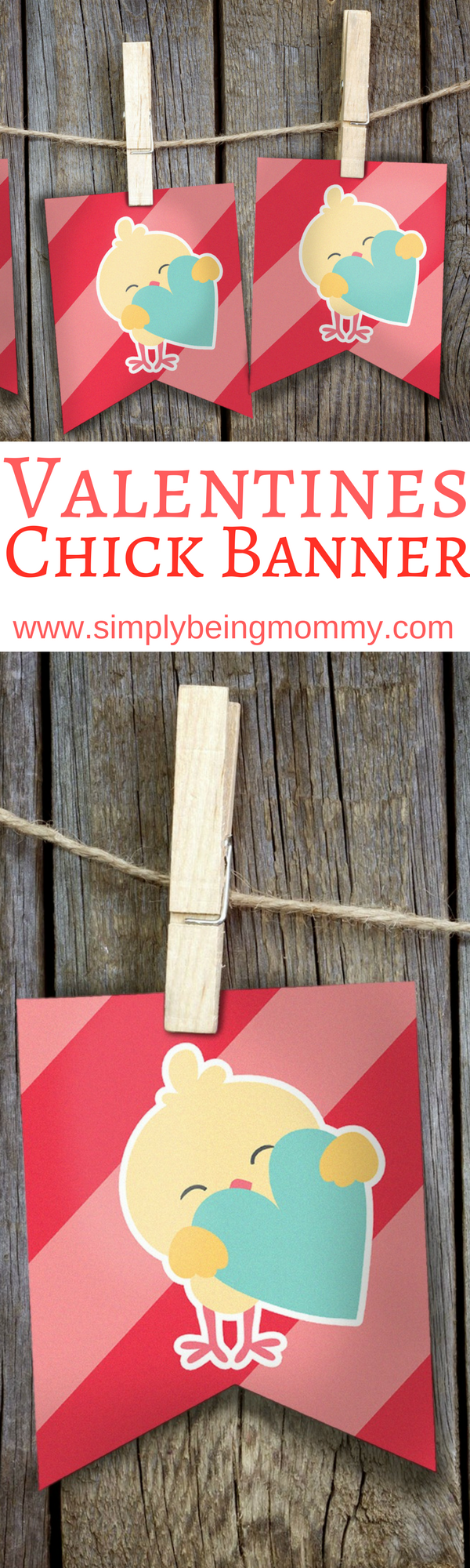 A cute Valentines Chick Banner on a rope with clothespins