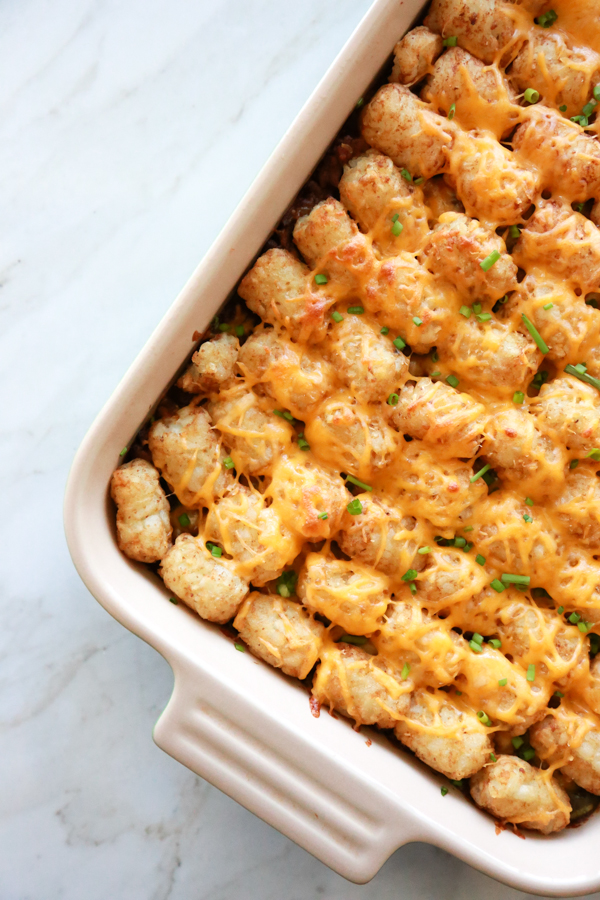 A delicious baking dish full of Sloppy Joe Tater Tot Casserole