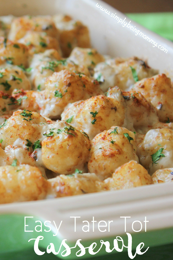 A large green baking dish full of a delicous Easy Tater Tot Casserole recipe