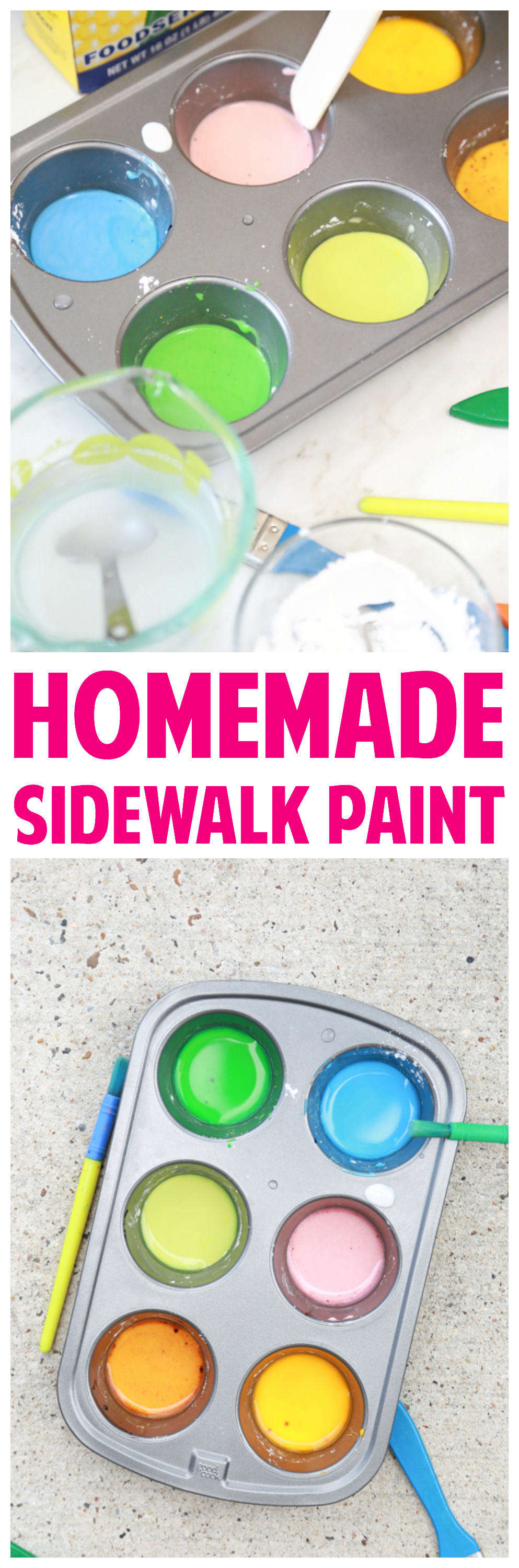 Get the kids outside this summer with this super FUN Homemade Sidewalk Paint. Perfect for toddlers and preschoolers BUT it's fun for ALL AGES!