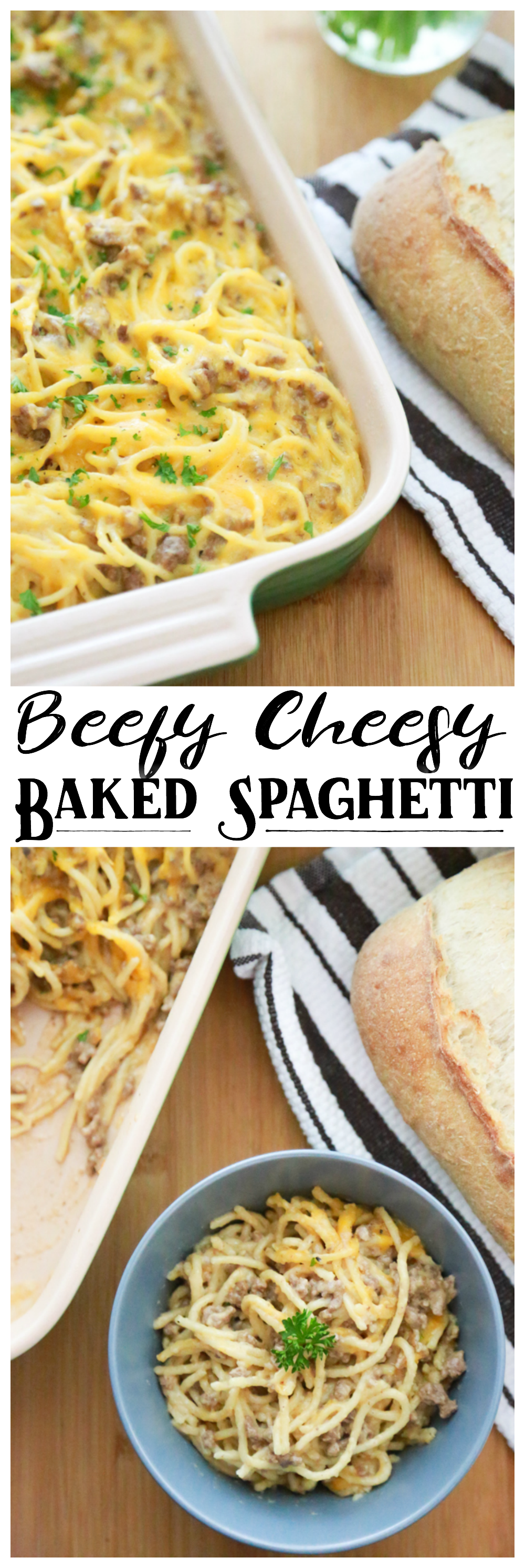 If you want a delicious, easy dinner, ready to go in an hour, try making this Beefy Cheesy Baked Spaghetti for dinner tonight!
