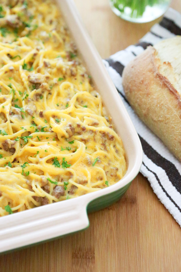 If you want a delicious, easy dinner, ready to go in an hour, try making this Beefy Cheesy Baked Spaghetti for dinner tonight!