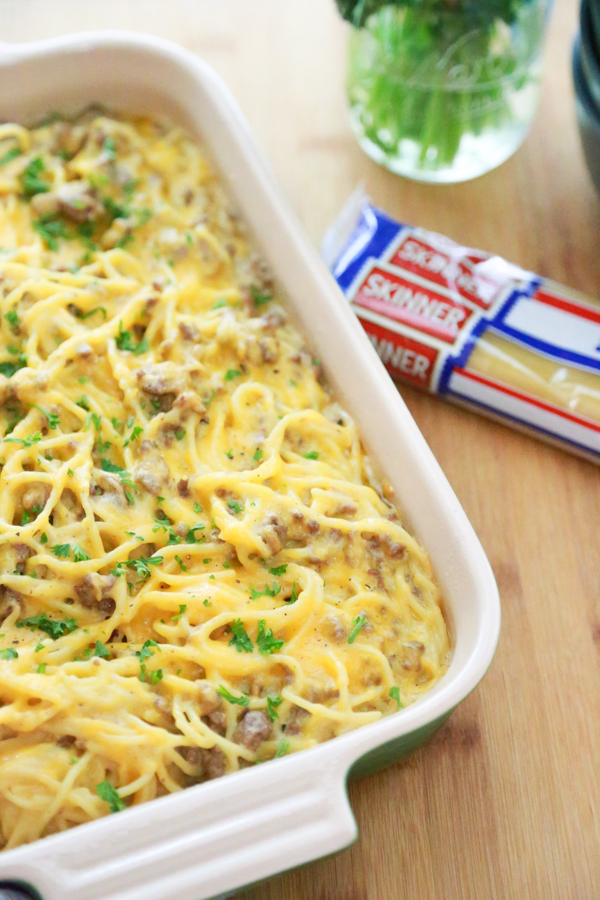 If you want a delicious, easy dinner, ready to go in an hour, try making this Beefy Cheesy Baked Spaghetti for dinner tonight!