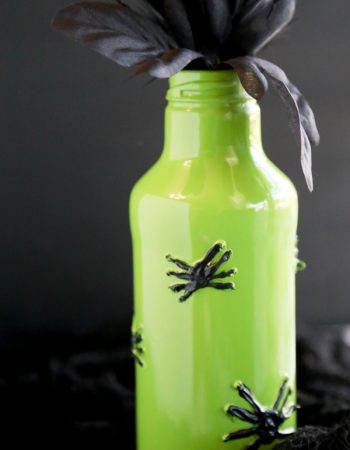 See how you can turn a glass beverage bottle into a spooky Painted Spider Vase for Halloween.