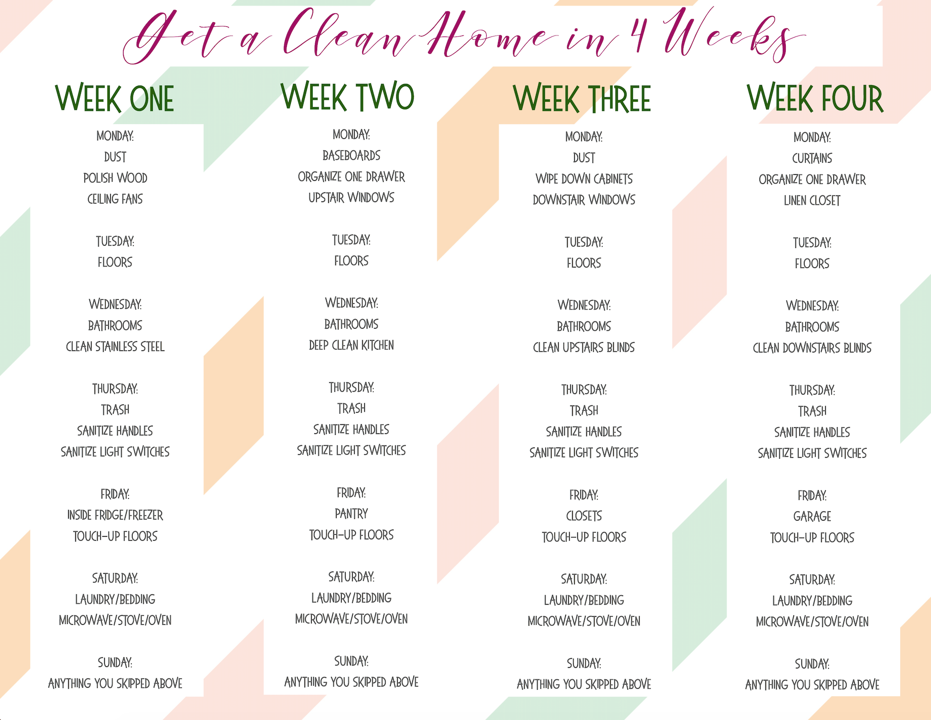 Is your home a wreck? Mine was too. Until I said enough is enough and created this Clean Home in 4 Weeks printable. Now my home is clean, and I'm sane.