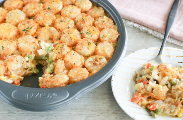 A delicious pan full of Chicken Pot Pie Tater Tot Casserole