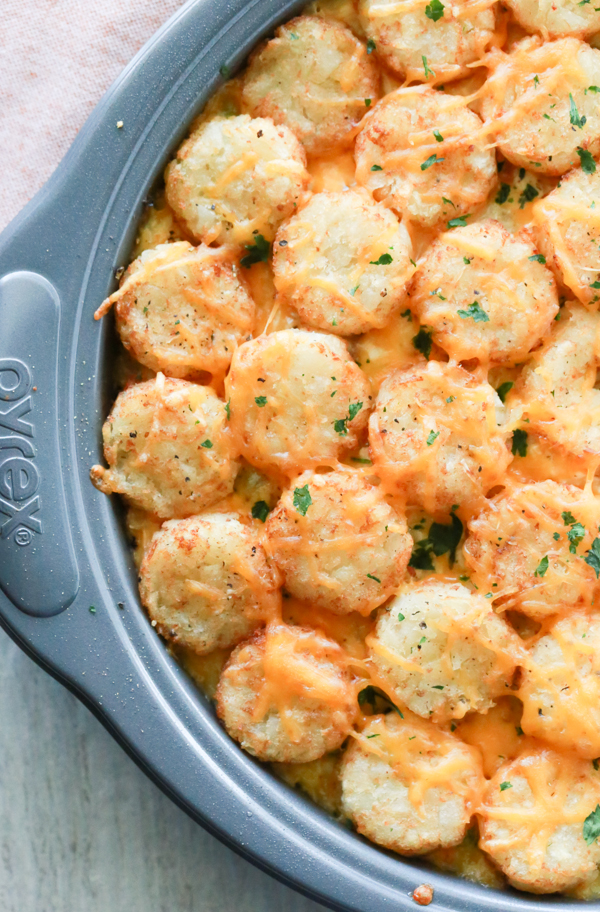 A delicious pan full of Chicken Pot Pie Tater Tot Casserole