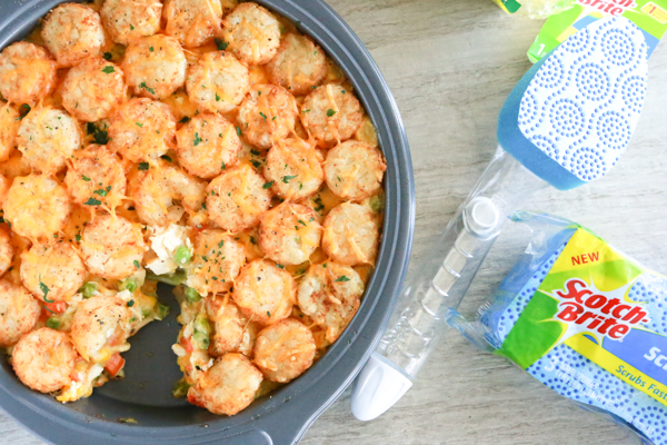 A delicious pan full of Chicken Pot Pie Tater Tot Casserole