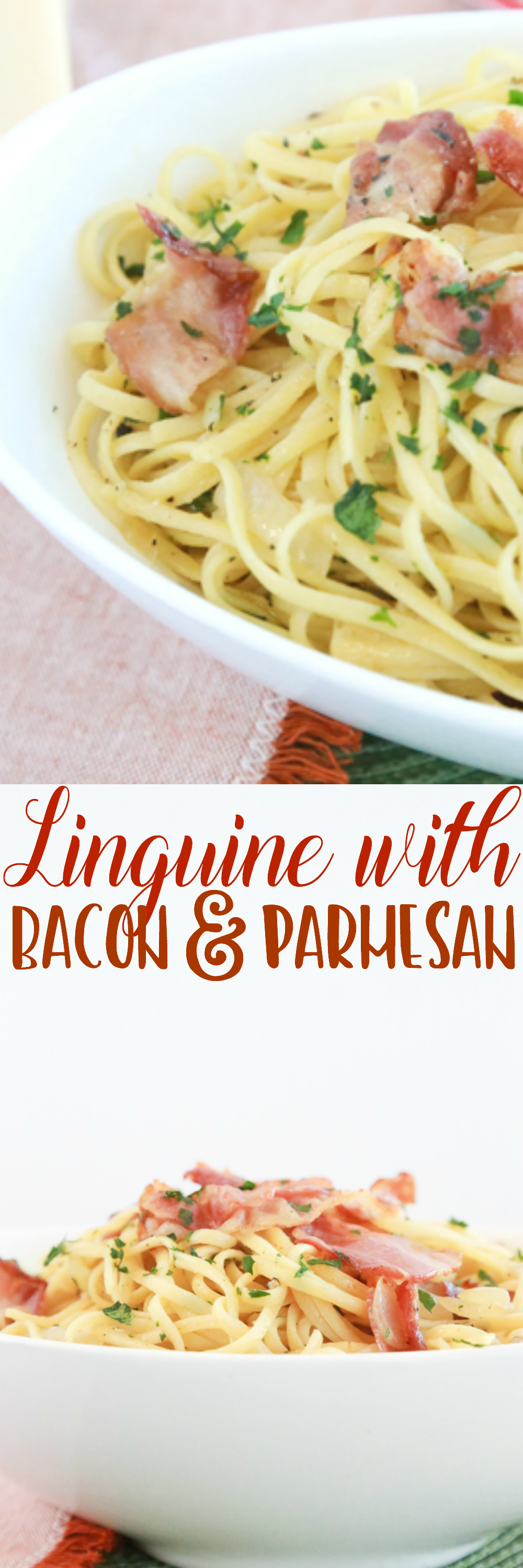 Linguine with Bacon and Parmesan is a pasta dish you can have on the table in 30 minutes! It's so easy to make and tastes delicious.