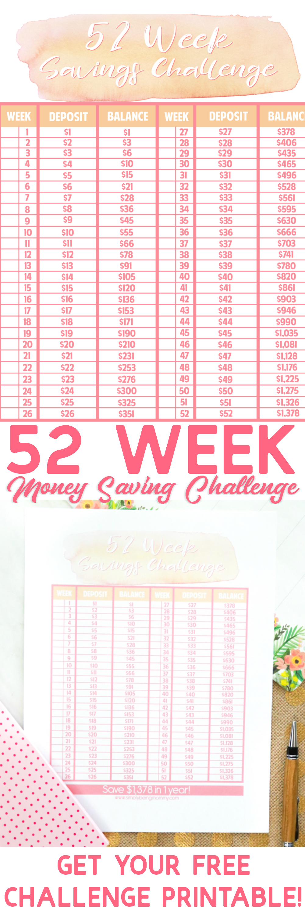 Is one of your goals for the new year to save money? Get your FREE 52 Week Money Saving Challenge Printable now!