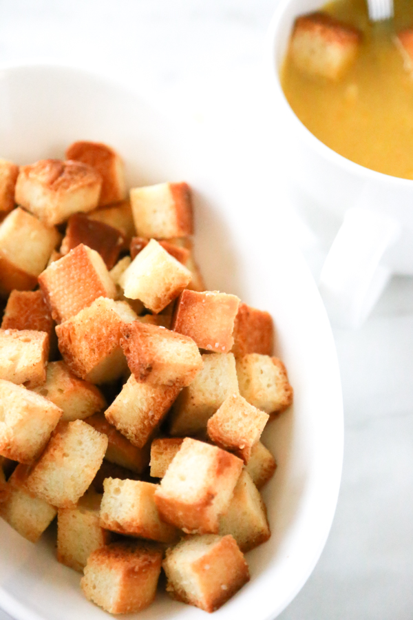Tis the season for the sniffles, sneezes, and chicken noodle soup. Enjoy a bowl of hot soup with these Easy Homemade Croutons.