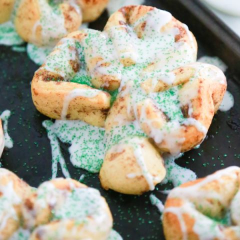Cinnamon rolls shaped into a shamrock for St. Patrick's day