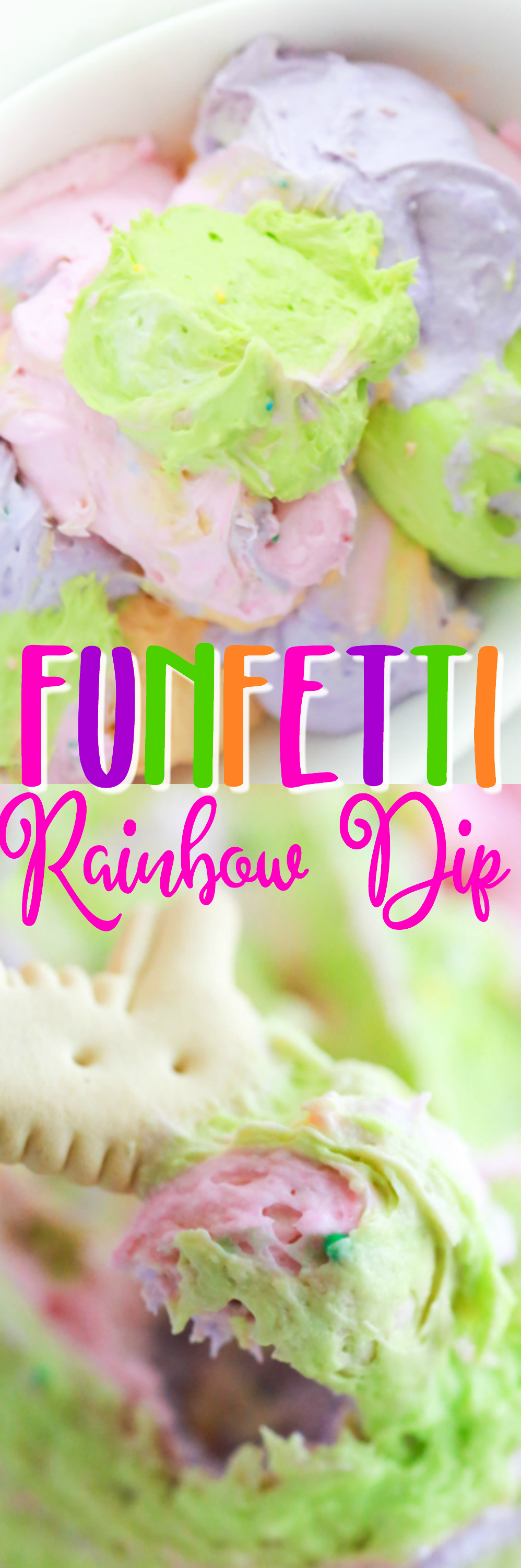 a bowl full of different colored dips to make a funfetti rainbow dip