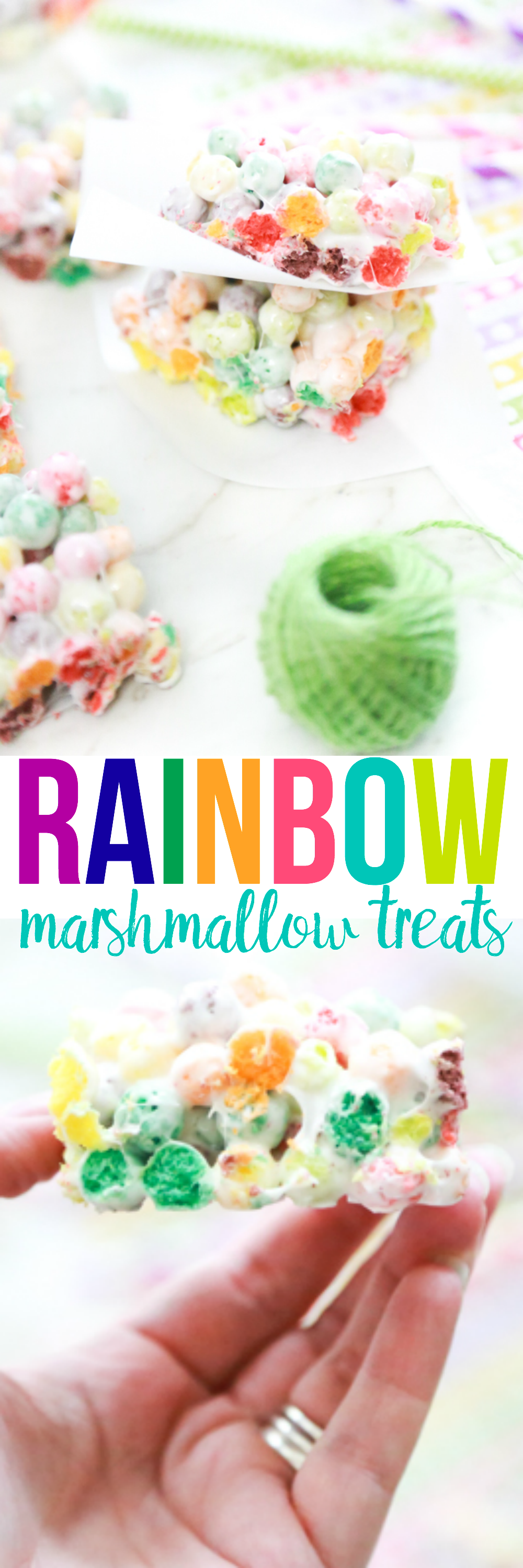 a collage of photos featuring rainbow marshmallow treats