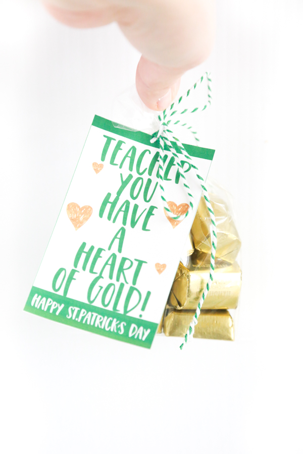 Teacher You Have a Heart of Gold gift tag with gold wrapped chocolate nuggets