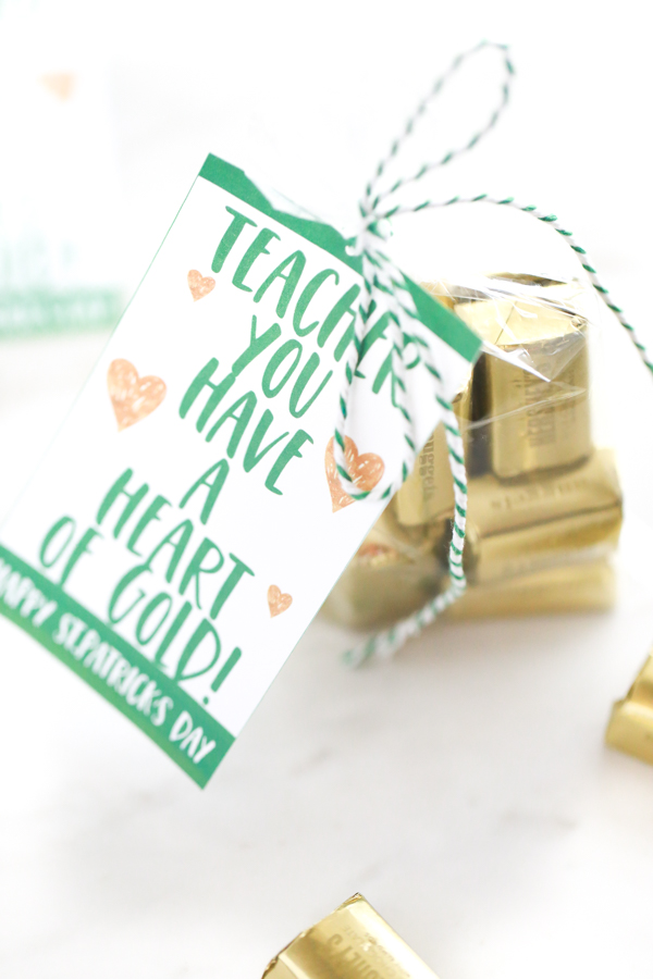 Teacher You Have a Heart of Gold gift tag with gold wrapped chocolate nuggets