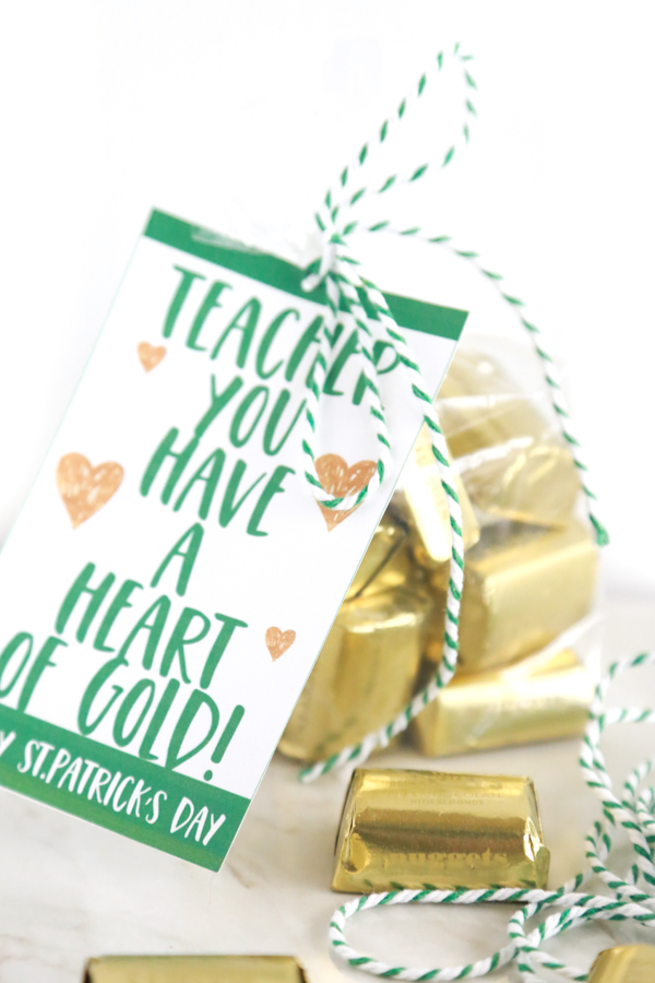 Teacher You Have a Heart of Gold gift tag with gold wrapped chocolate nuggets