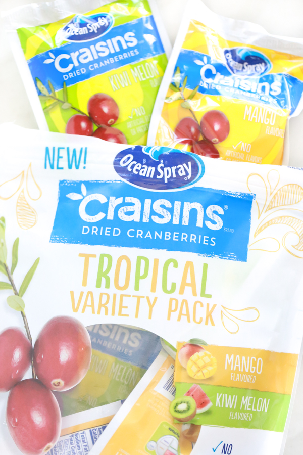 an open bag of ocean spray craisins tropical variety pack