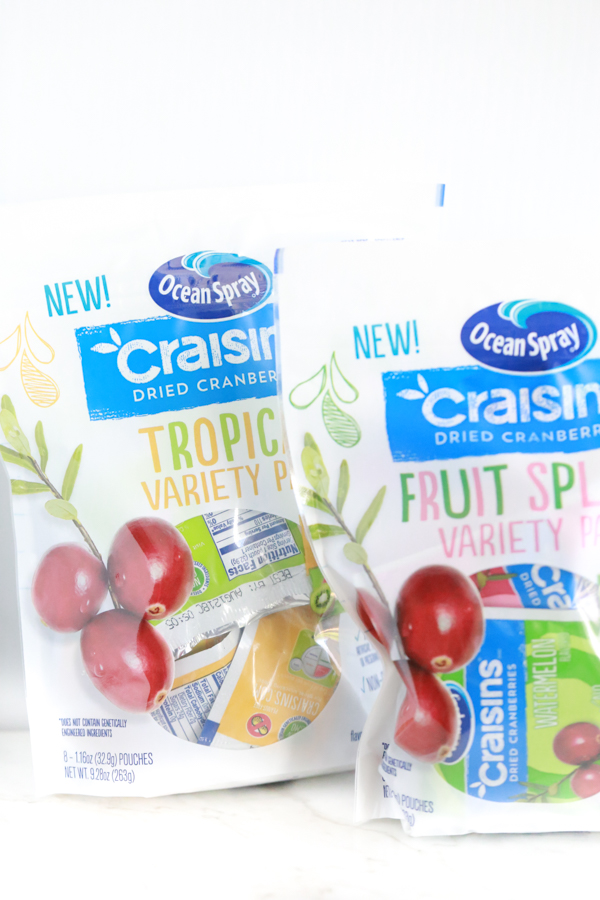 two bags of ocean spray craisins to make an on-the-go snack box