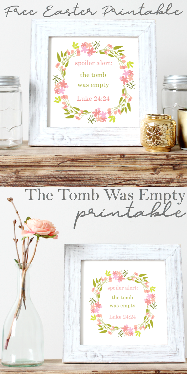 Spoiler Alert The Tomb Was Empty printable in a white fram sitting on a wood desk