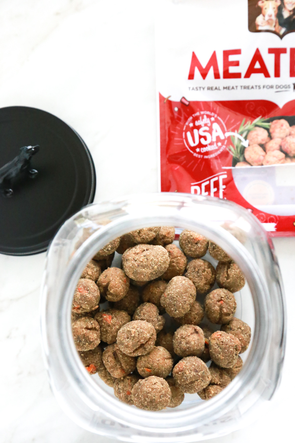 meatball dog treats stored inside of a homemade dog treat jar