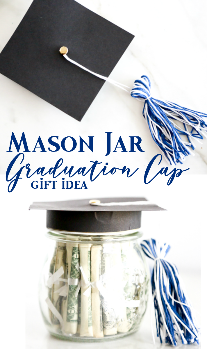Surprise the deserving graduate with this adorable Mason Jar Graduation Hat Gift Idea filled with dollar bill diplomas.