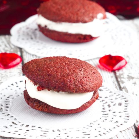 Red Velvet Mini Whoopie Pies With Marshmallow Cream Cheese Frosting